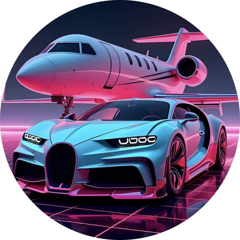 Aluminiumbild gebürstet Luxuriöses Auto und Jet in futuristischer Umgebung Kreis