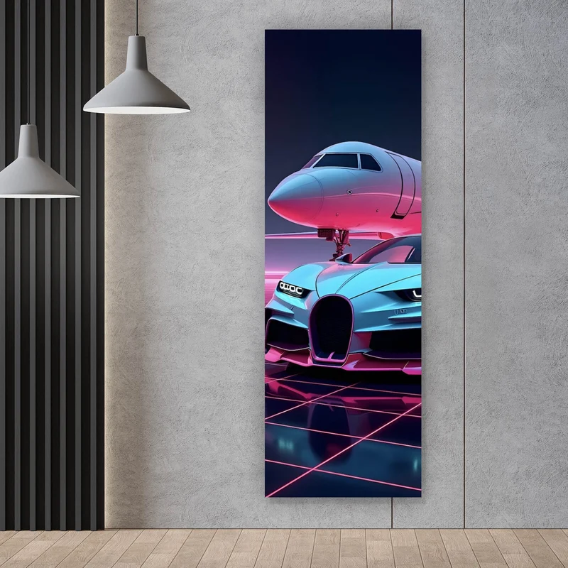 Acrylglasbild Luxuriöses Auto und Jet in futuristischer Umgebung Panorama Hoch
