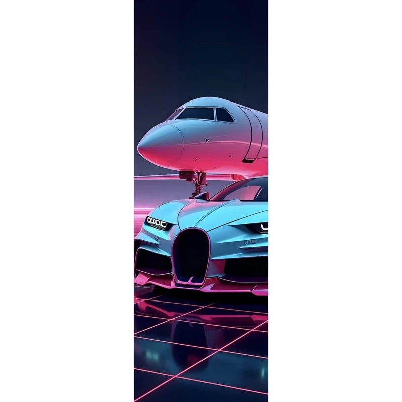 Leinwandbild Luxuriöses Auto und Jet in futuristischer Umgebung Panorama Hoch