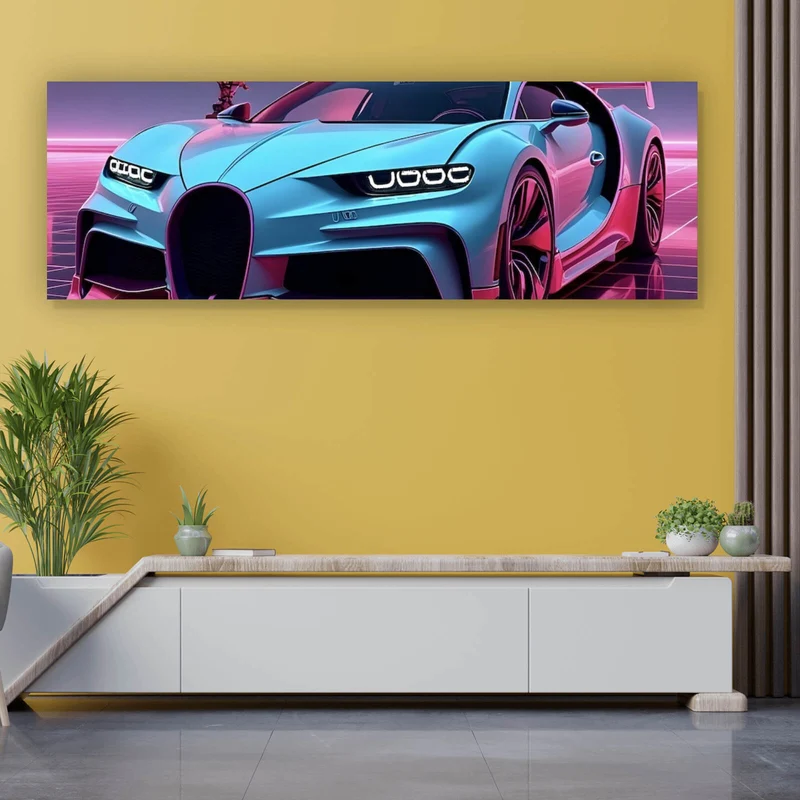Acrylglasbild Luxuriöses Auto und Jet in futuristischer Umgebung Panorama