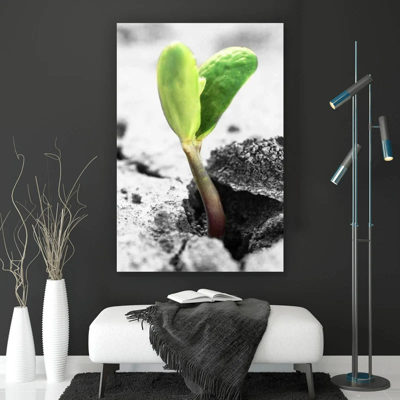 Poster Grüner Keimling wächst aus rissiger Straße Hochformat