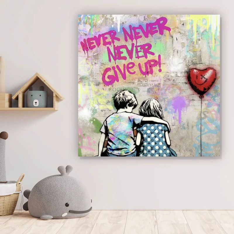 Poster Kinder auf Bank mit Herzballon Popart Quadrat