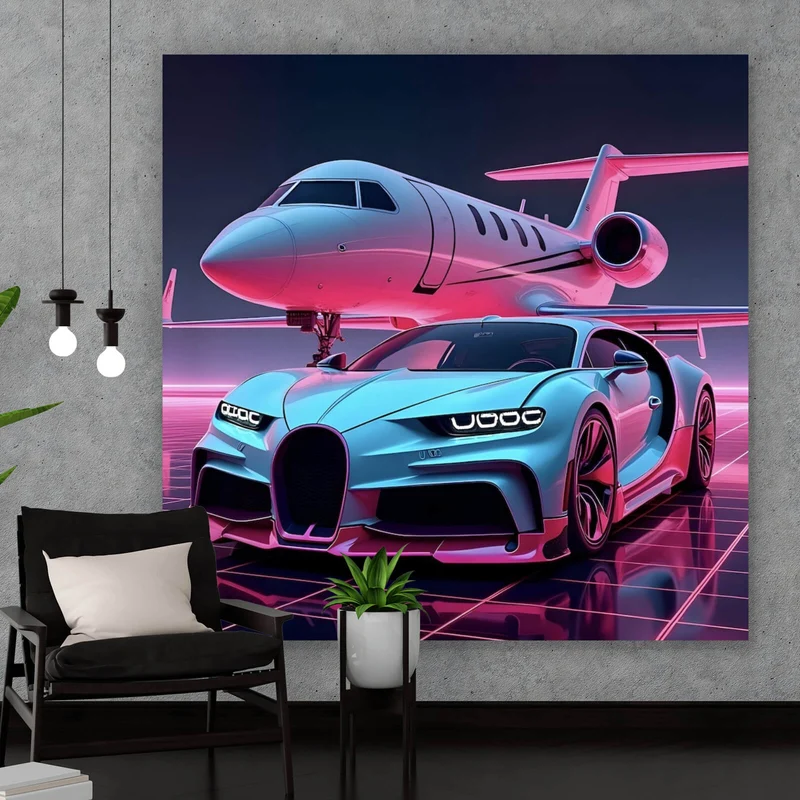 Aluminiumbild gebürstet Luxuriöses Auto und Jet in futuristischer Umgebung Quadrat