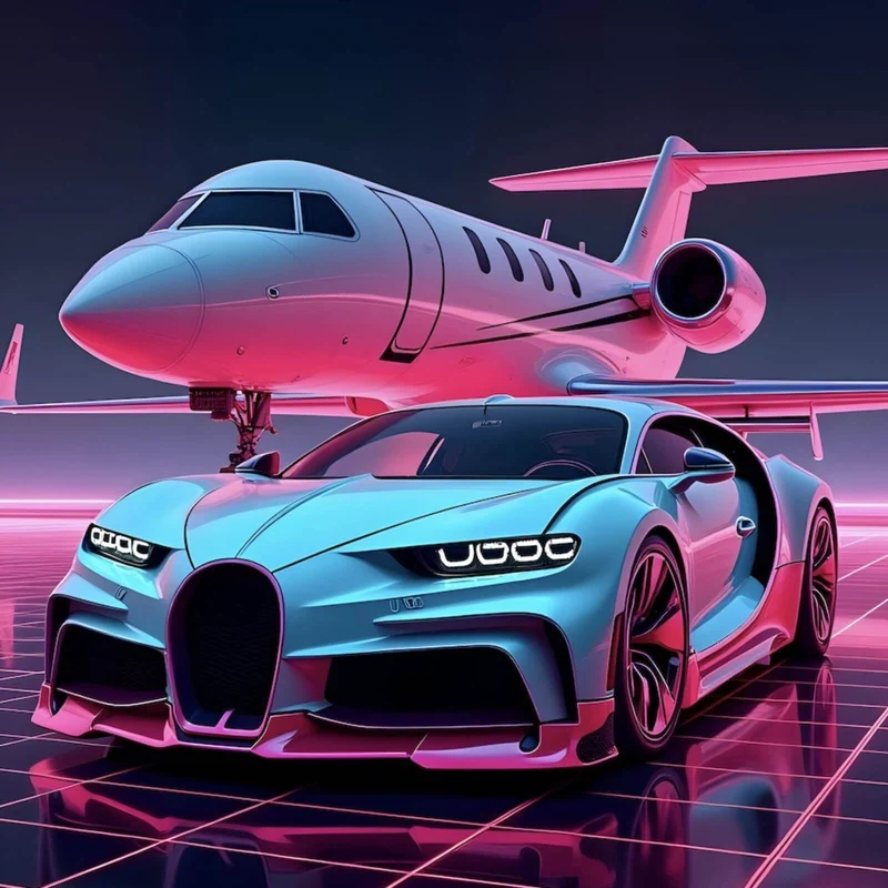 Aluminiumbild gebürstet Luxuriöses Auto und Jet in futuristischer Umgebung Quadrat