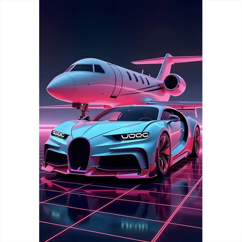 Aluminiumbild Luxuriöses Auto und Jet in futuristischer Umgebung Hochformat