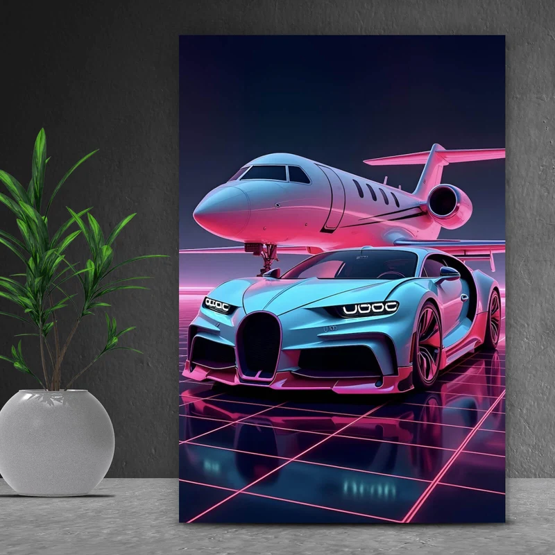 Leinwandbild Luxuriöses Auto und Jet in futuristischer Umgebung Hochformat