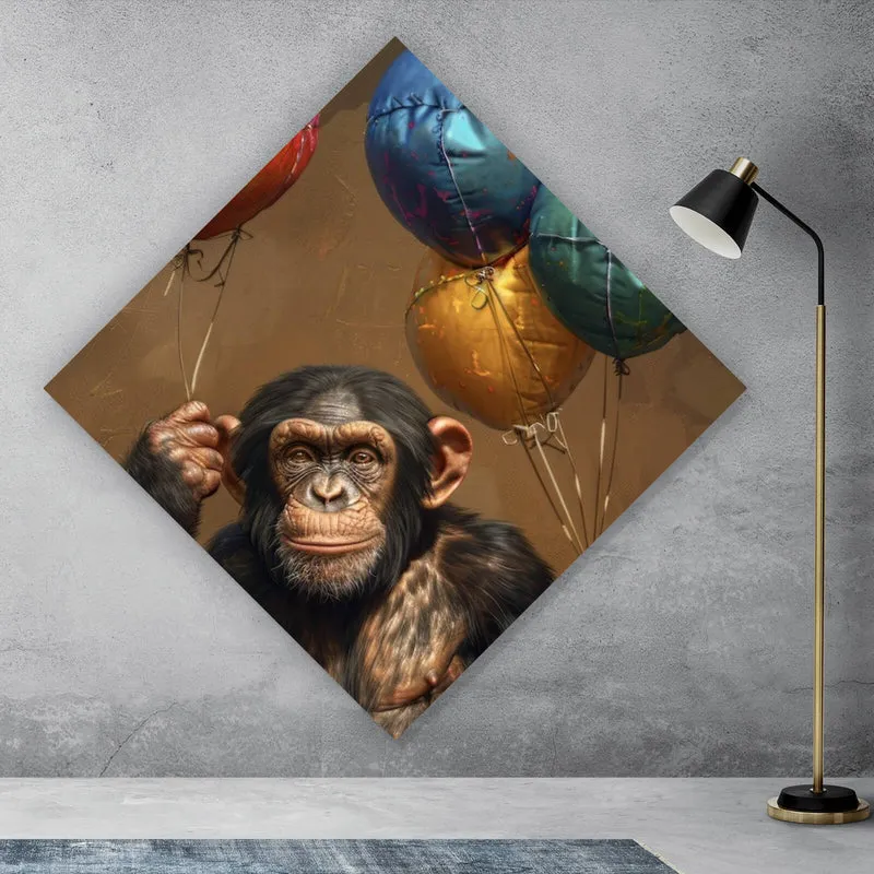 Leinwandbild Fröhlicher Schimpanse mit bunten Ballons Raute