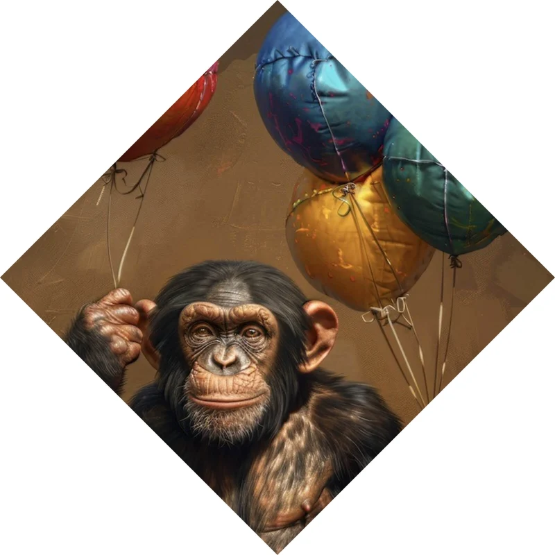 Leinwandbild Fröhlicher Schimpanse mit bunten Ballons Raute