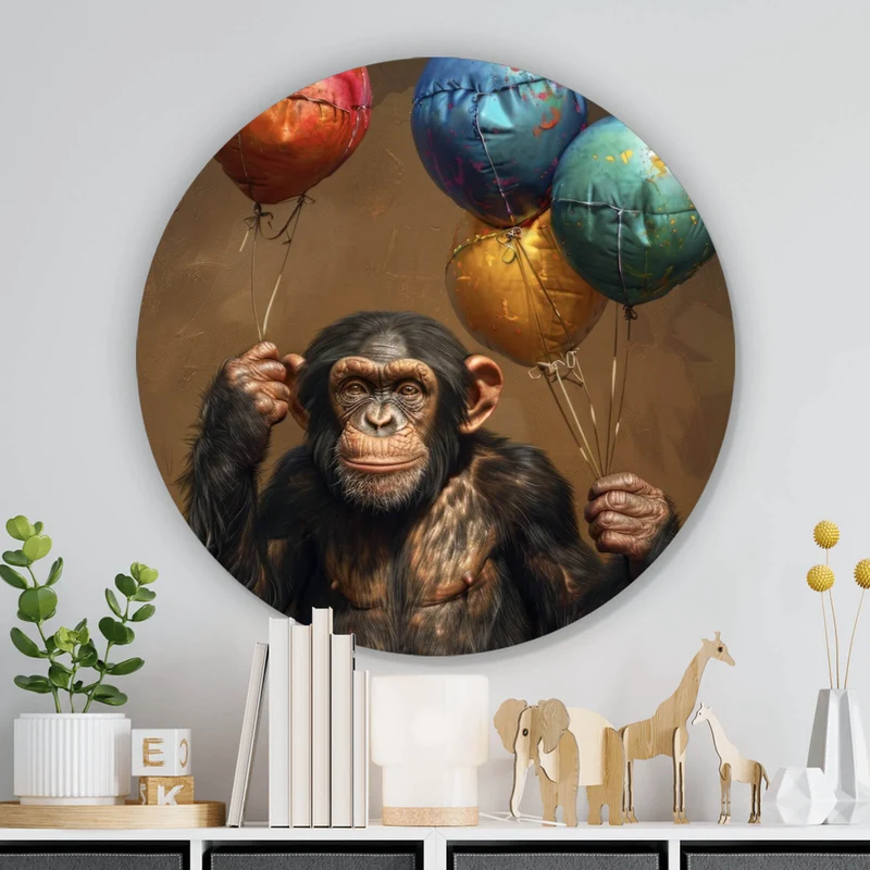 Aluminiumbild Fröhlicher Schimpanse mit bunten Ballons Kreis
