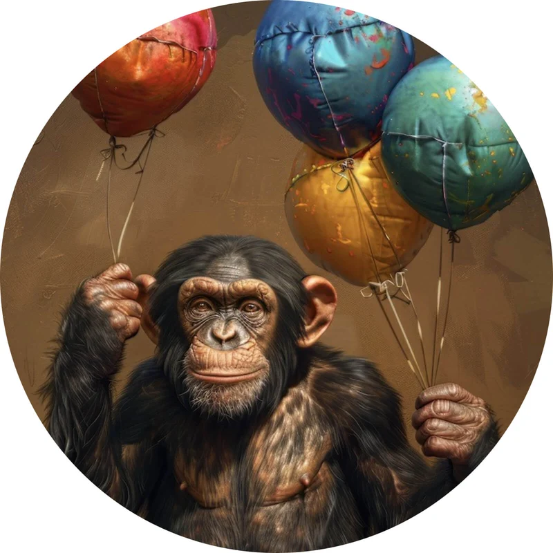 Aluminiumbild Fröhlicher Schimpanse mit bunten Ballons Kreis