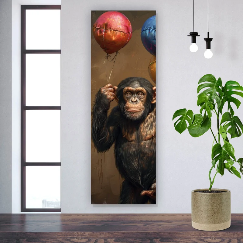 Acrylglasbild Fröhlicher Schimpanse mit bunten Ballons Panorama Hoch