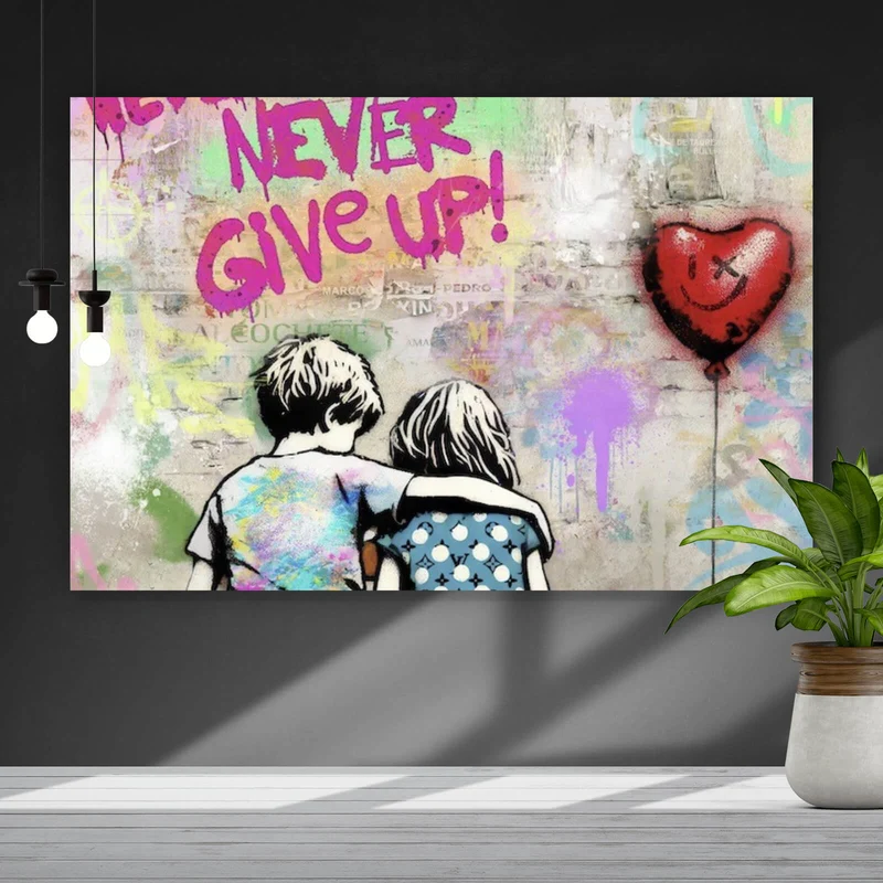 Aluminiumbild Kinder auf Bank mit Herzballon Popart Querformat