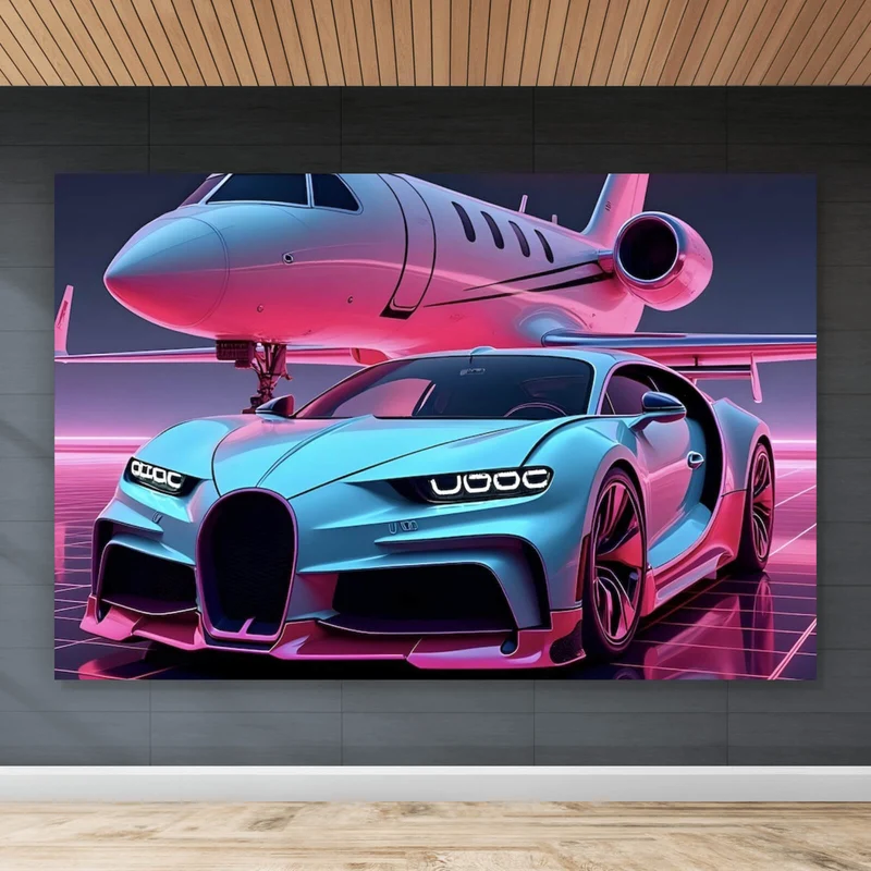 Spannrahmenbild Luxuriöses Auto und Jet in futuristischer Umgebung Querformat