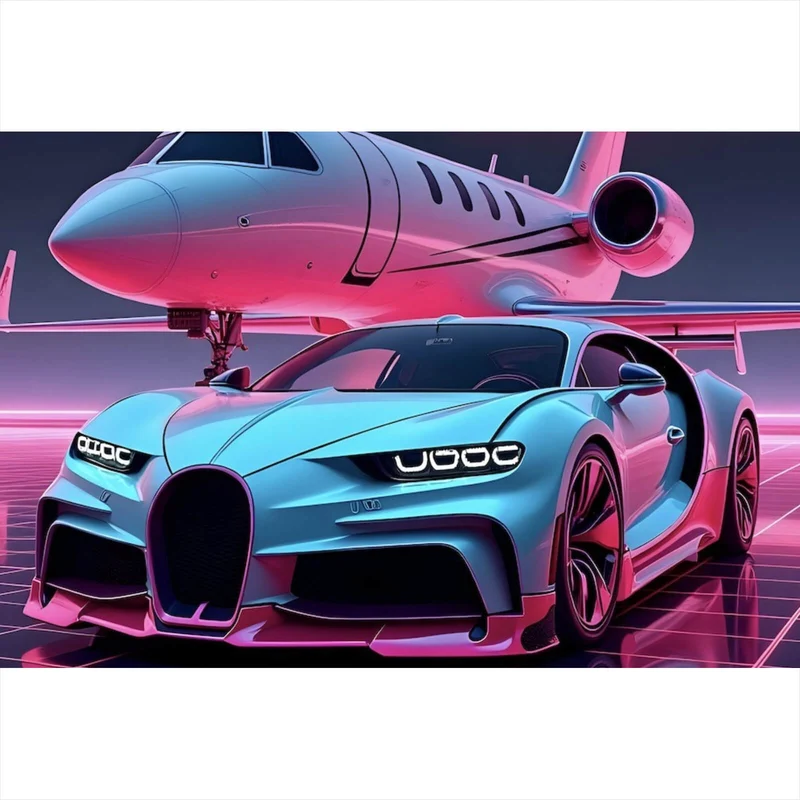 Poster Luxuriöses Auto und Jet in futuristischer Umgebung Querformat