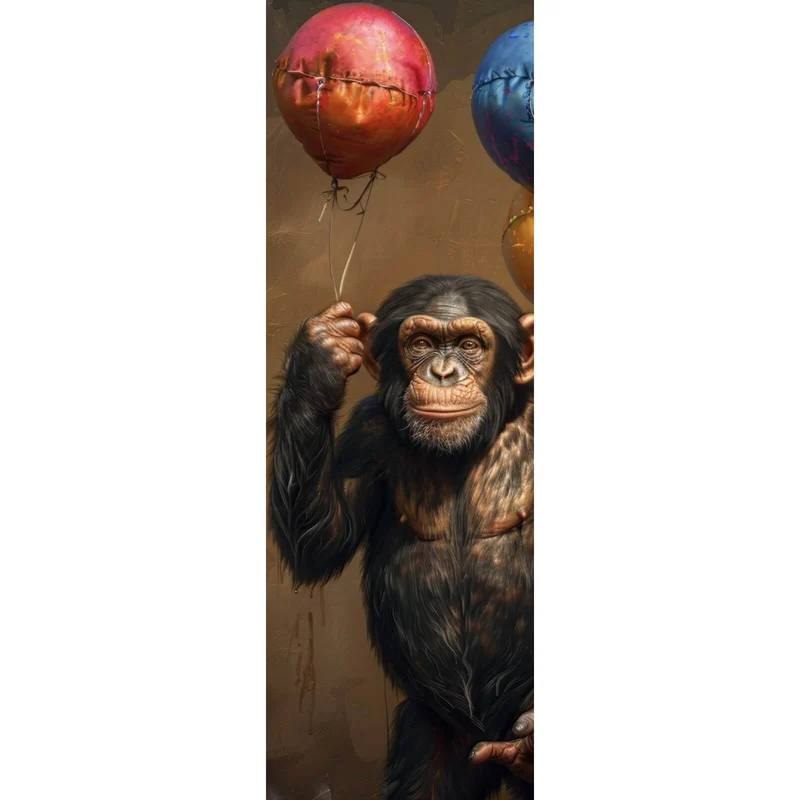 Poster Fröhlicher Schimpanse mit bunten Ballons Panorama Hoch