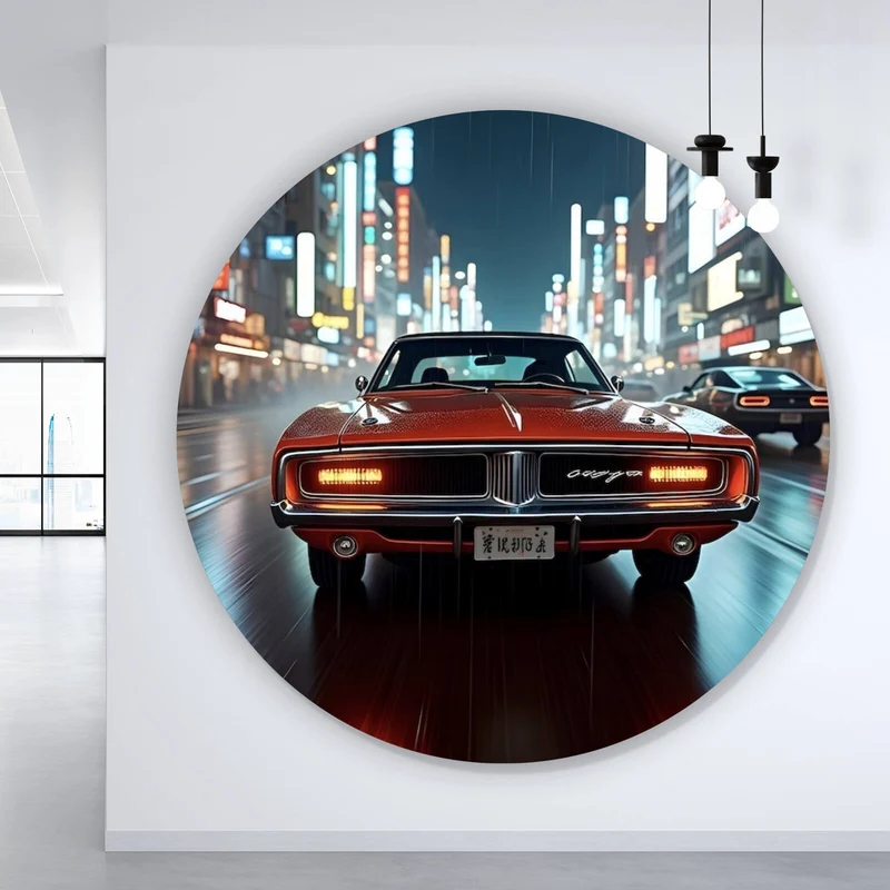 Aluminiumbild Roter Oldtimer fährt durch neonbeleuchtete Stadt Kreis