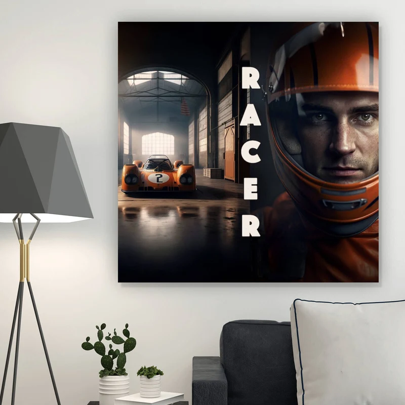 Acrylglasbild Alter Rennwagen und Fahrer mit Helm Quadrat
