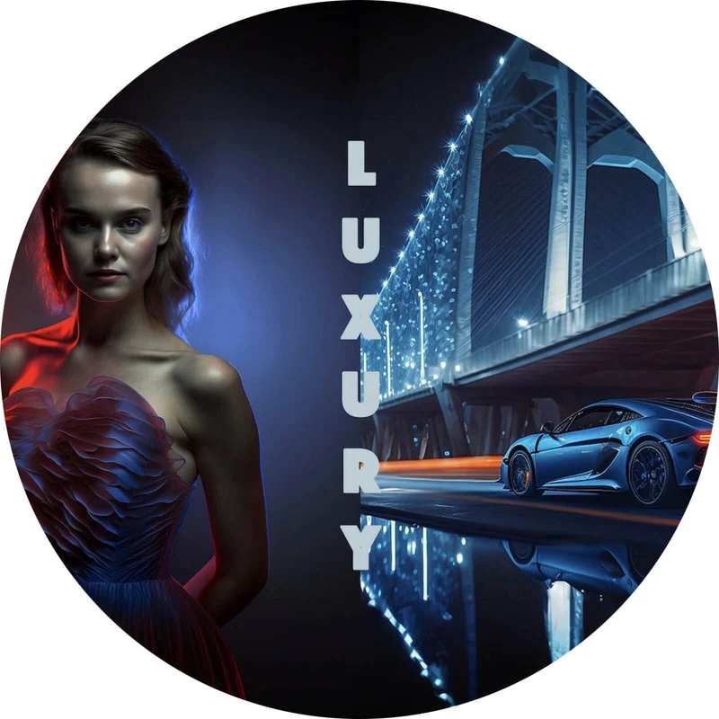 Aluminiumbild Elegante Frau vor Brücke und Sportwagen bei Nacht Kreis