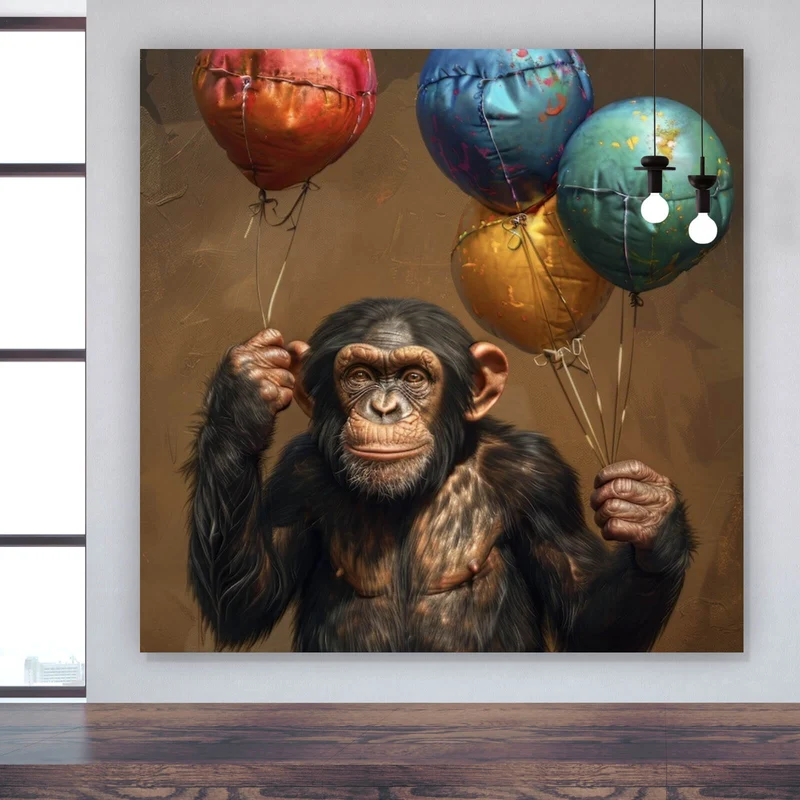 Aluminiumbild Fröhlicher Schimpanse mit bunten Ballons Quadrat