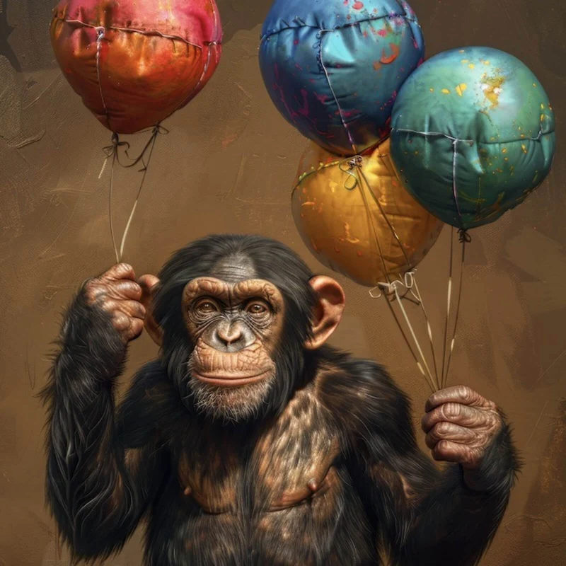 Aluminiumbild Fröhlicher Schimpanse mit bunten Ballons Quadrat