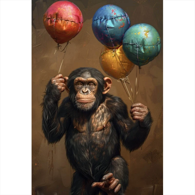 Leinwandbild Fröhlicher Schimpanse mit bunten Ballons Hochformat