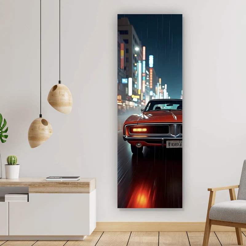 Aluminiumbild gebürstet Roter Oldtimer fährt durch neonbeleuchtete Stadt Panorama Hoch