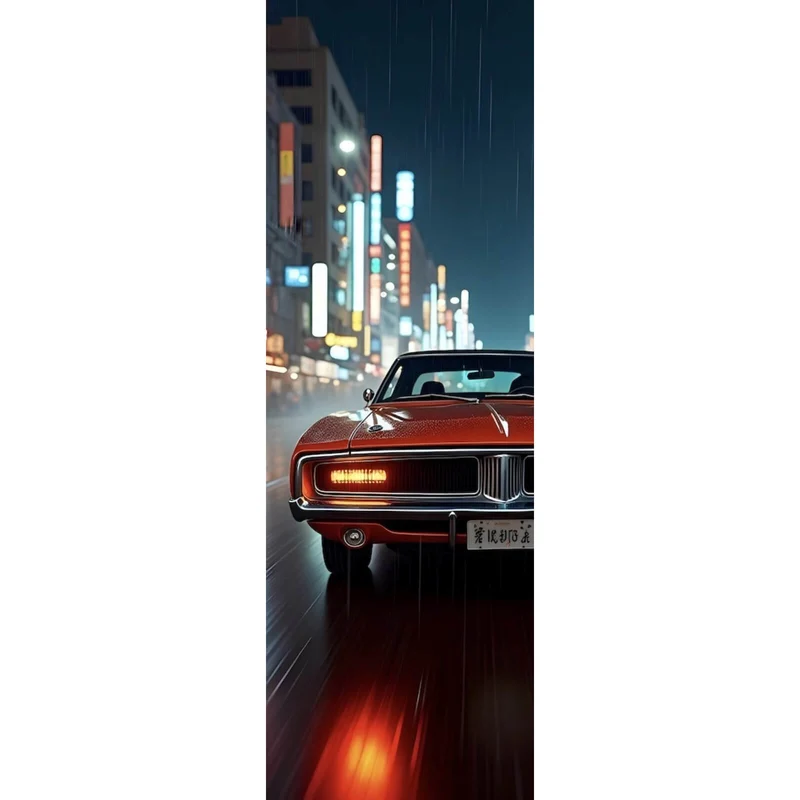 Aluminiumbild Roter Oldtimer fährt durch neonbeleuchtete Stadt Panorama Hoch
