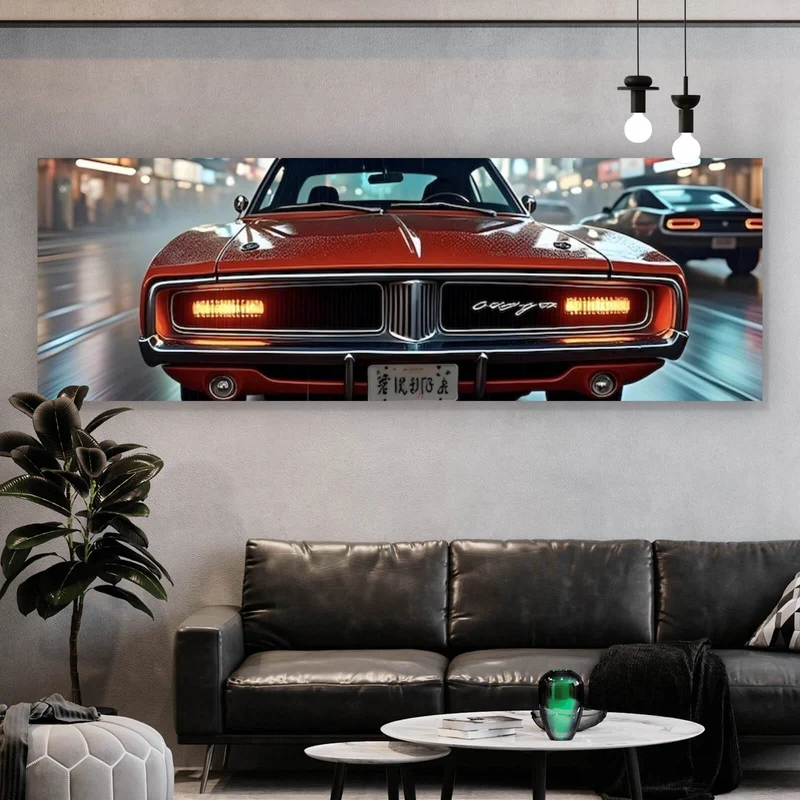 Aluminiumbild gebürstet Roter Oldtimer fährt durch neonbeleuchtete Stadt Panorama