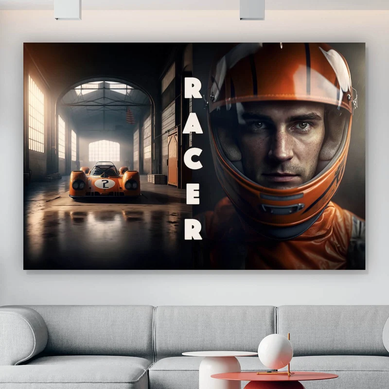 Spannrahmenbild Alter Rennwagen und Fahrer mit Helm Querformat