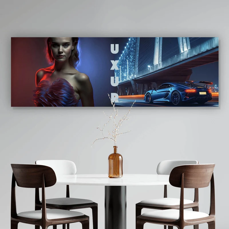 Acrylglasbild Elegante Frau vor Brücke und Sportwagen bei Nacht Panorama