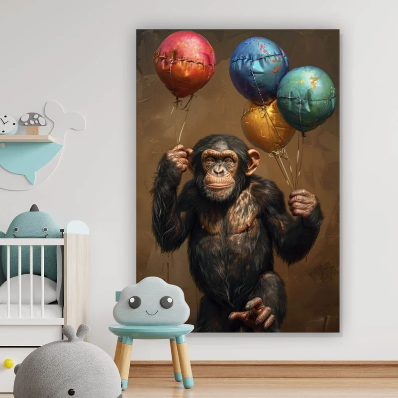 Poster Fröhlicher Schimpanse mit bunten Ballons Hochformat