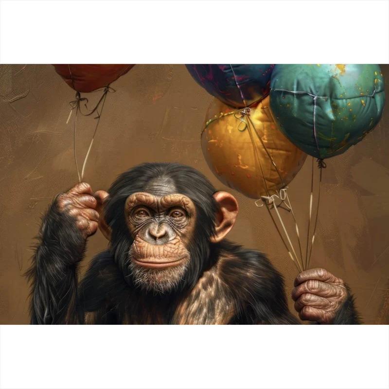 Aluminiumbild gebürstet Fröhlicher Schimpanse mit bunten Ballons Querformat