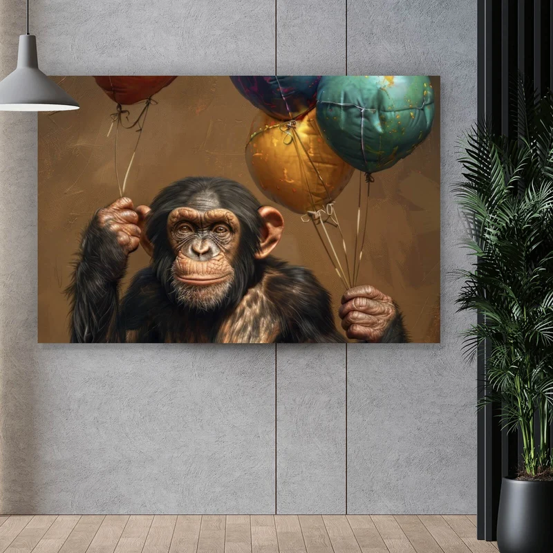 Aluminiumbild Fröhlicher Schimpanse mit bunten Ballons Querformat