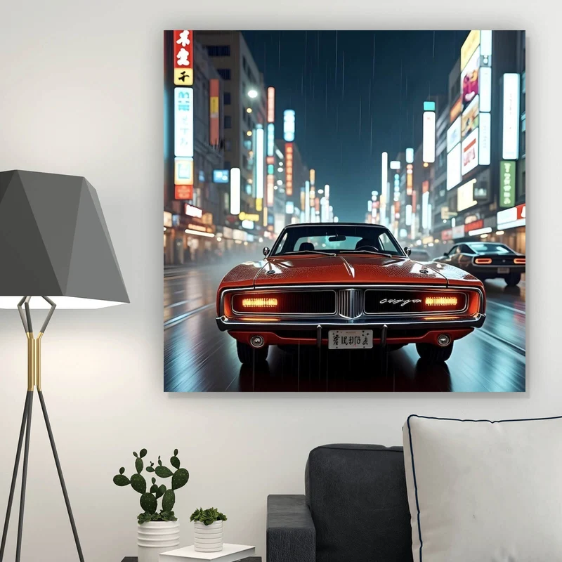Poster Roter Oldtimer fährt durch neonbeleuchtete Stadt Quadrat