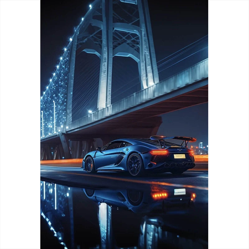 Spannrahmenbild Elegante Frau vor Brücke und Sportwagen bei Nacht Hochformat