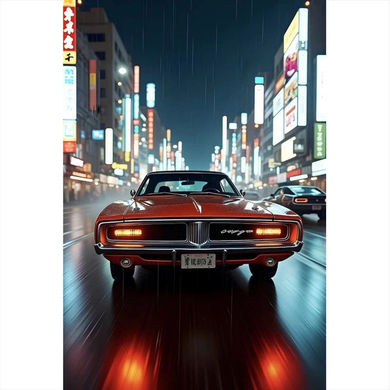 Leinwandbild Roter Oldtimer fährt durch neonbeleuchtete Stadt Hochformat
