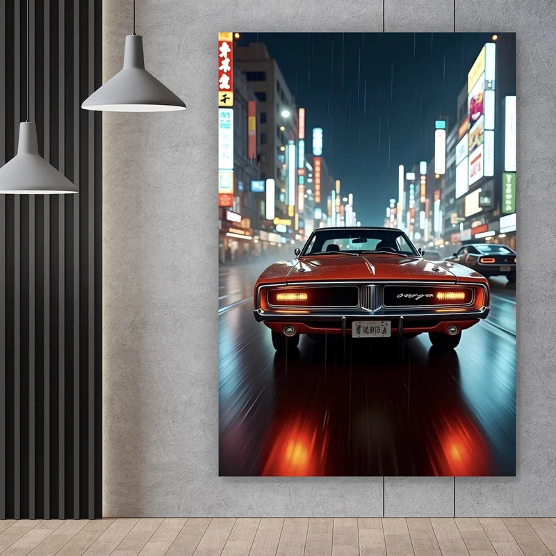 Poster Roter Oldtimer fährt durch neonbeleuchtete Stadt Hochformat