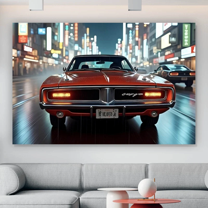 Aluminiumbild Roter Oldtimer fährt durch neonbeleuchtete Stadt Querformat