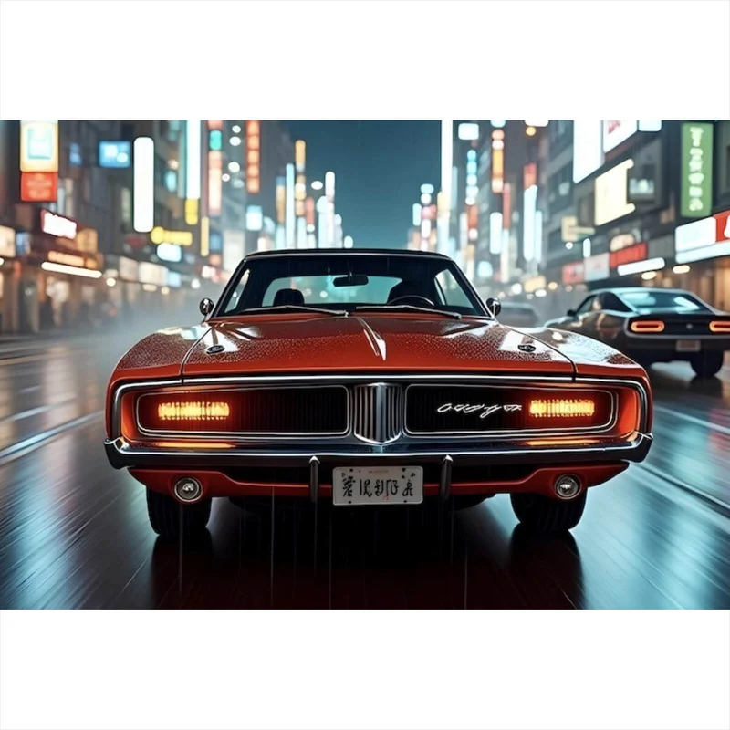 Aluminiumbild Roter Oldtimer fährt durch neonbeleuchtete Stadt Querformat