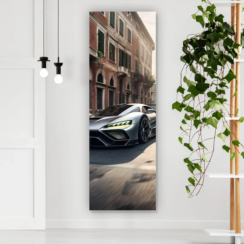 Acrylglasbild Silberner Sportwagen fährt durch historische Stadtstraße Panorama Hoch