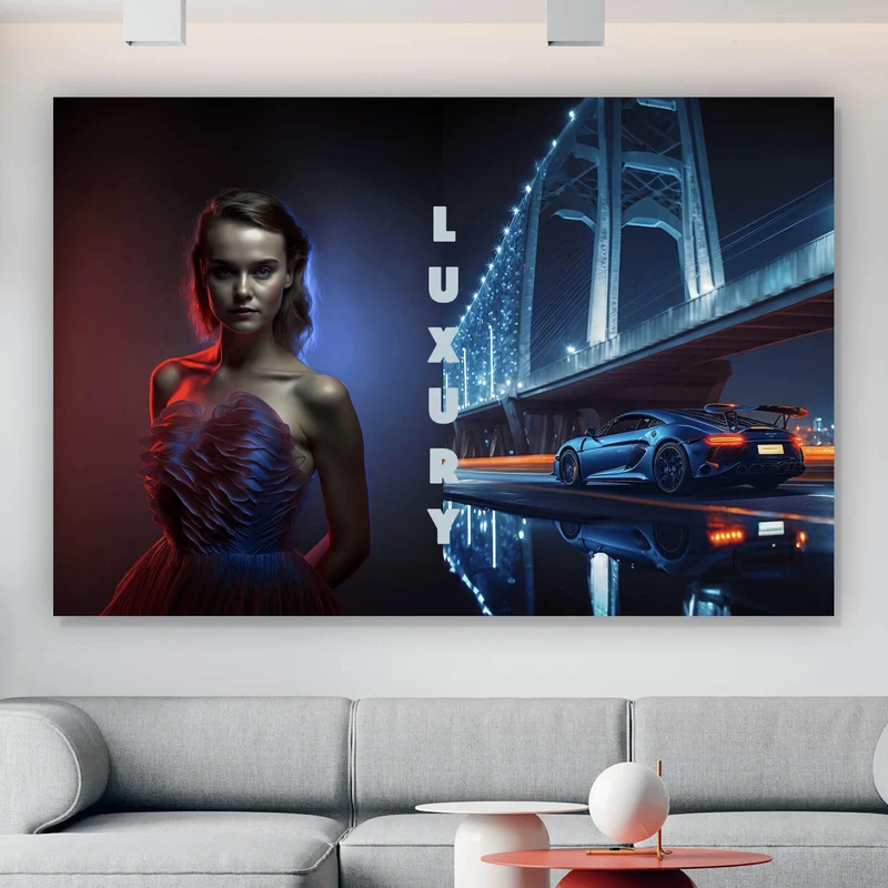 Poster Elegante Frau vor Brücke und Sportwagen bei Nacht Querformat