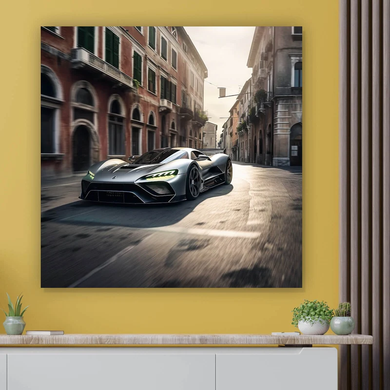 Poster Silberner Sportwagen fährt durch historische Stadtstraße Quadrat