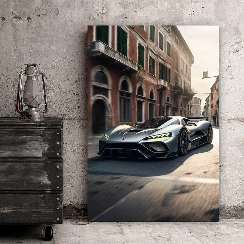 Spannrahmenbild Silberner Sportwagen fährt durch historische Stadtstraße Hochformat