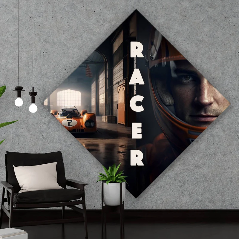Poster Alter Rennwagen und Fahrer mit Helm Raute