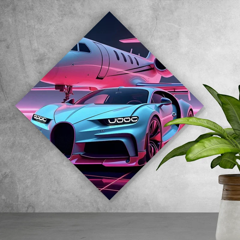Spannrahmenbild Luxuriöses Auto und Jet in futuristischer Umgebung Raute
