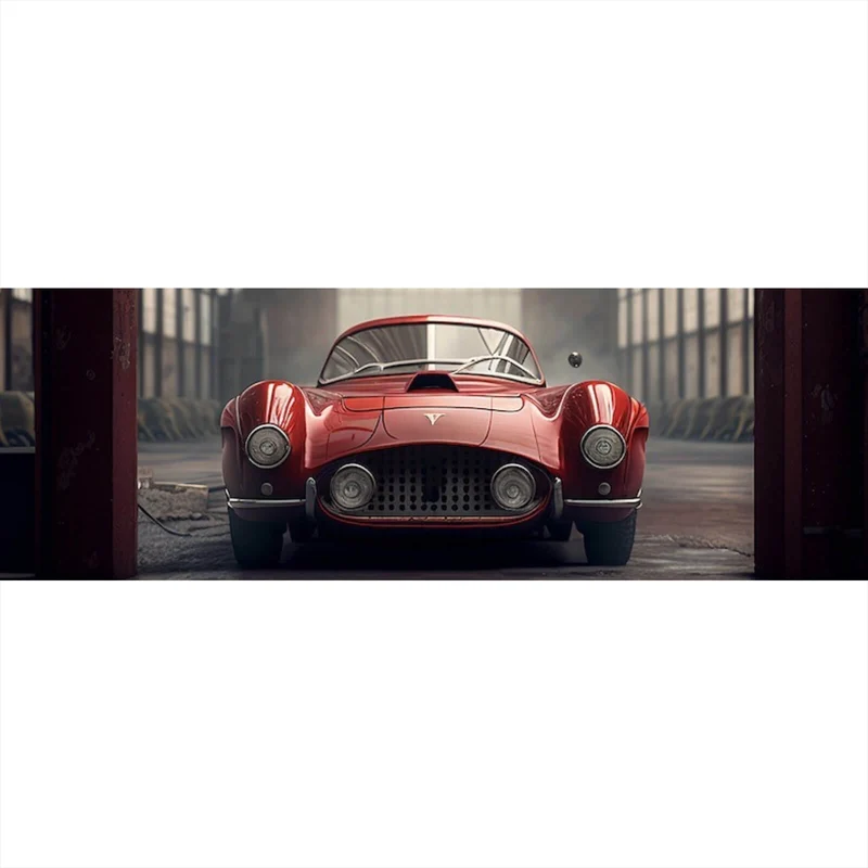 Spannrahmenbild Klassischer roter Sportwagen in industrieller Halle Panorama