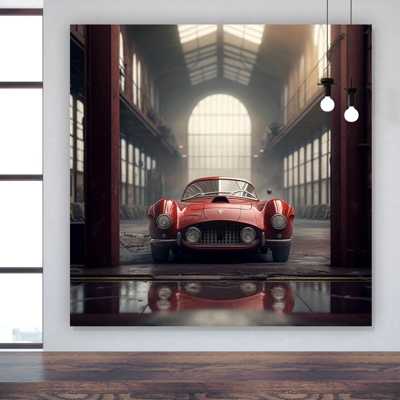 Acrylglasbild Klassischer roter Sportwagen in industrieller Halle Quadrat
