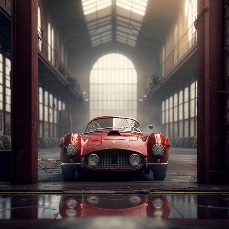 Poster Klassischer roter Sportwagen in industrieller Halle Quadrat