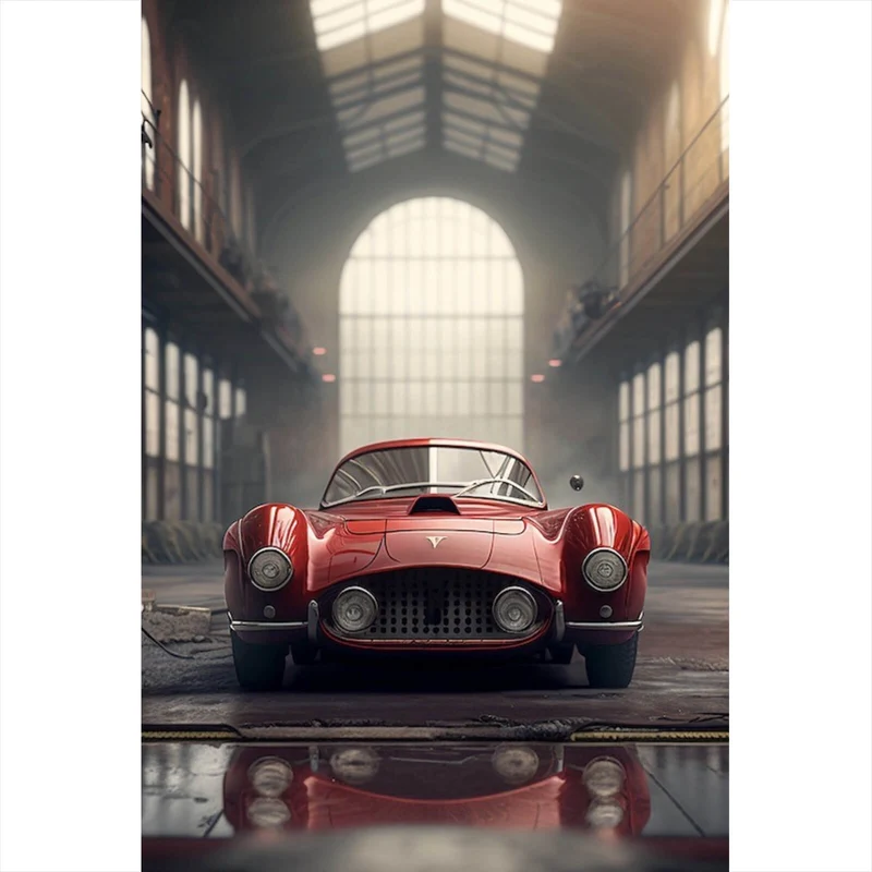 Acrylglasbild Klassischer roter Sportwagen in industrieller Halle Hochformat