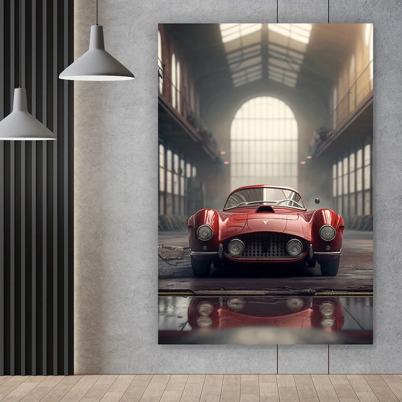 Aluminiumbild Klassischer roter Sportwagen in industrieller Halle Hochformat